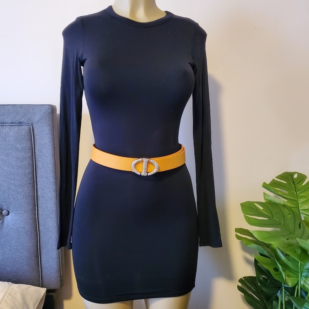 Mustard yellow Faux Leather Rhinestones Buckle Tan Belt 43" Long